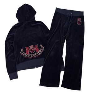 Vintage Juicy Couture Velour Tracksuit Set Womens Blue Full Zip Hoodie Pants Y2K